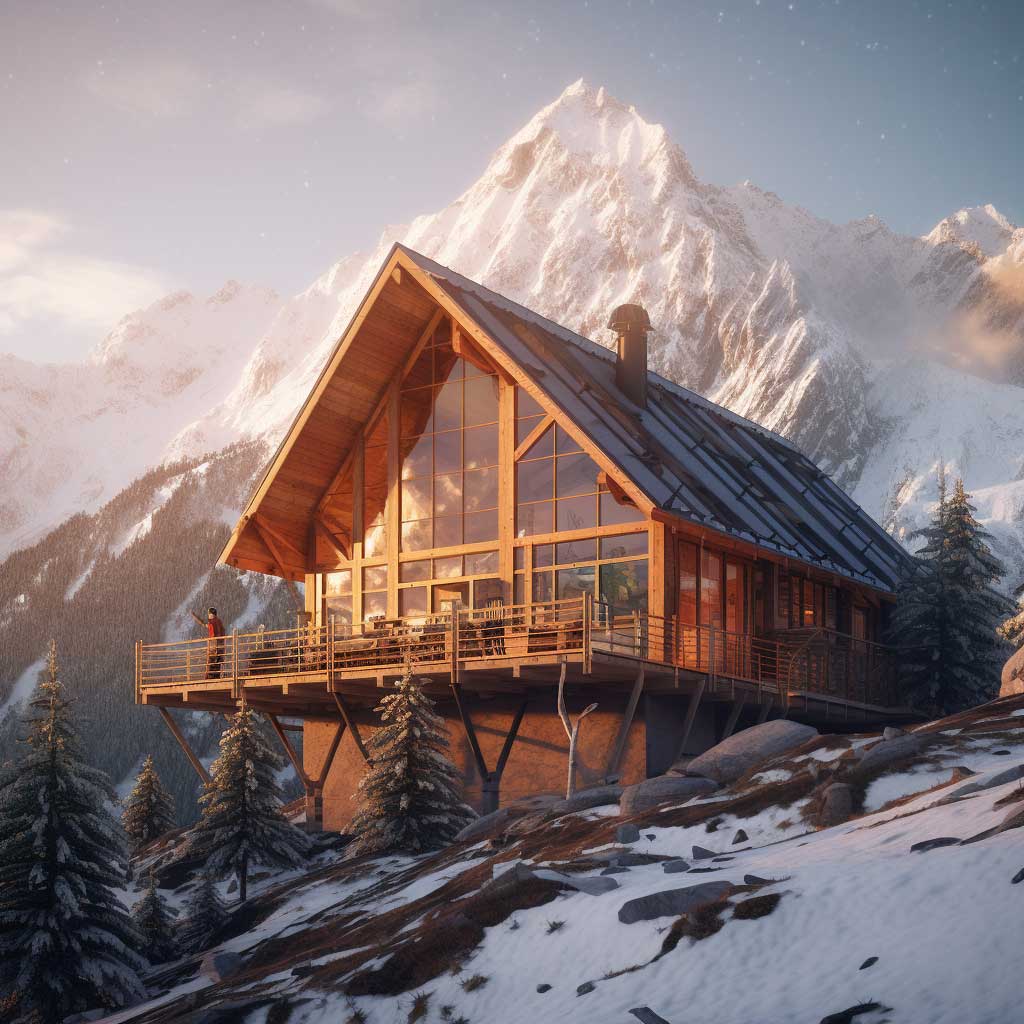 A photograph showing an exquisite alpine cabin with a loft, set against the backdrop of majestic snow-capped mountains.