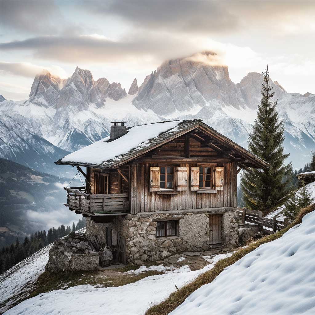A photograph showing an exquisite alpine cabin with a loft, set against the backdrop of majestic snow-capped mountains.