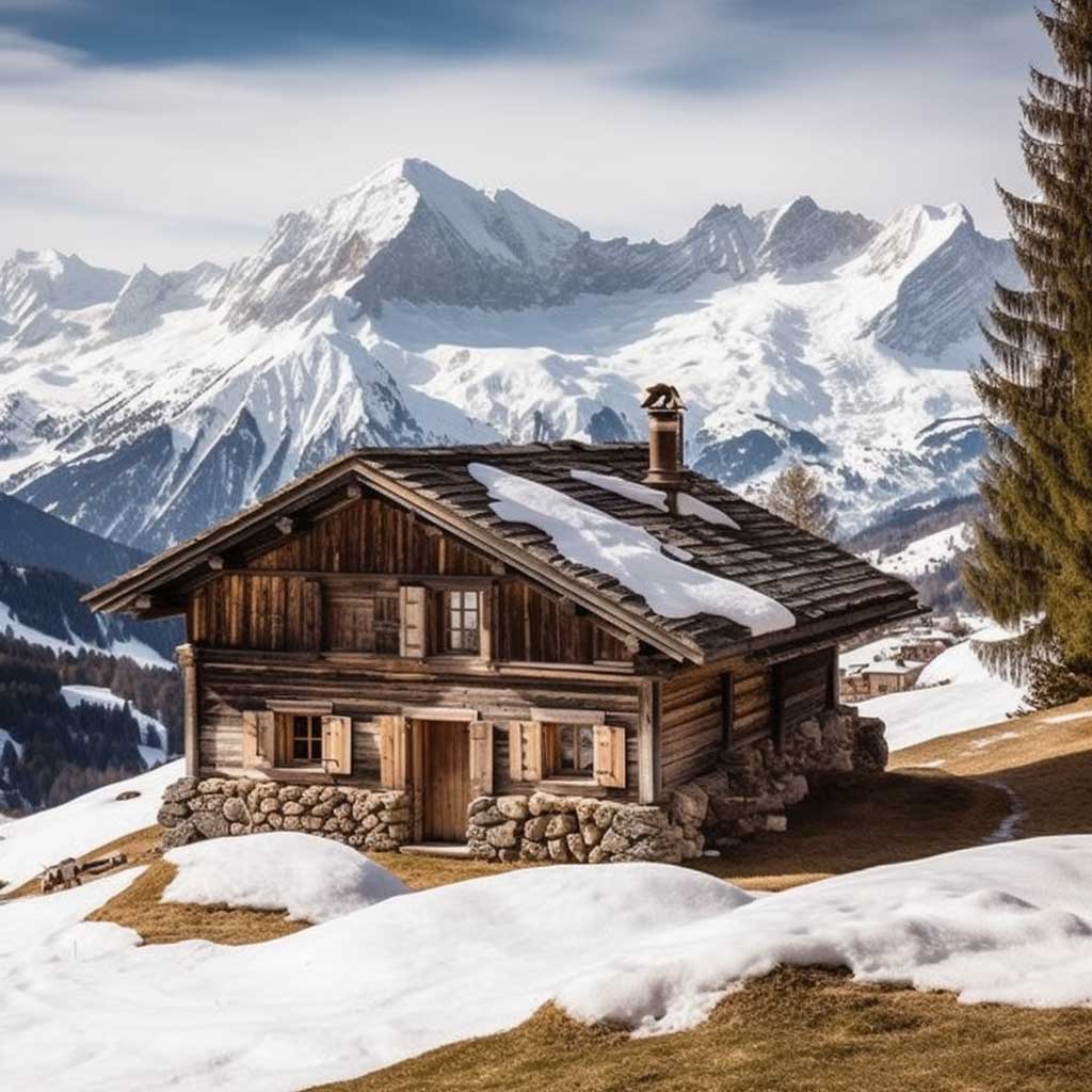 A photograph showing an exquisite alpine cabin with a loft, set against the backdrop of majestic snow-capped mountains.