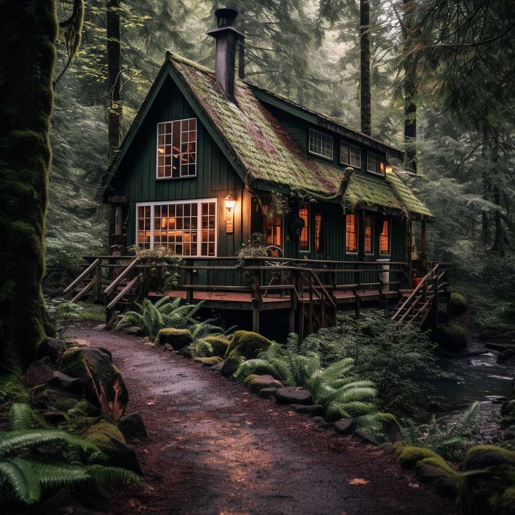 A picture of a rustic cabin with a cozy loft, nestled in a dense, lush forest.
