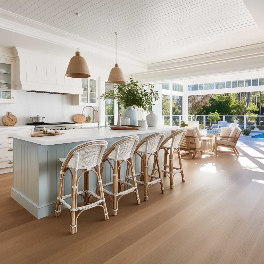 A bright, open-plan kitchen demonstrating the timeless appeal of coastal Hamptons style.
