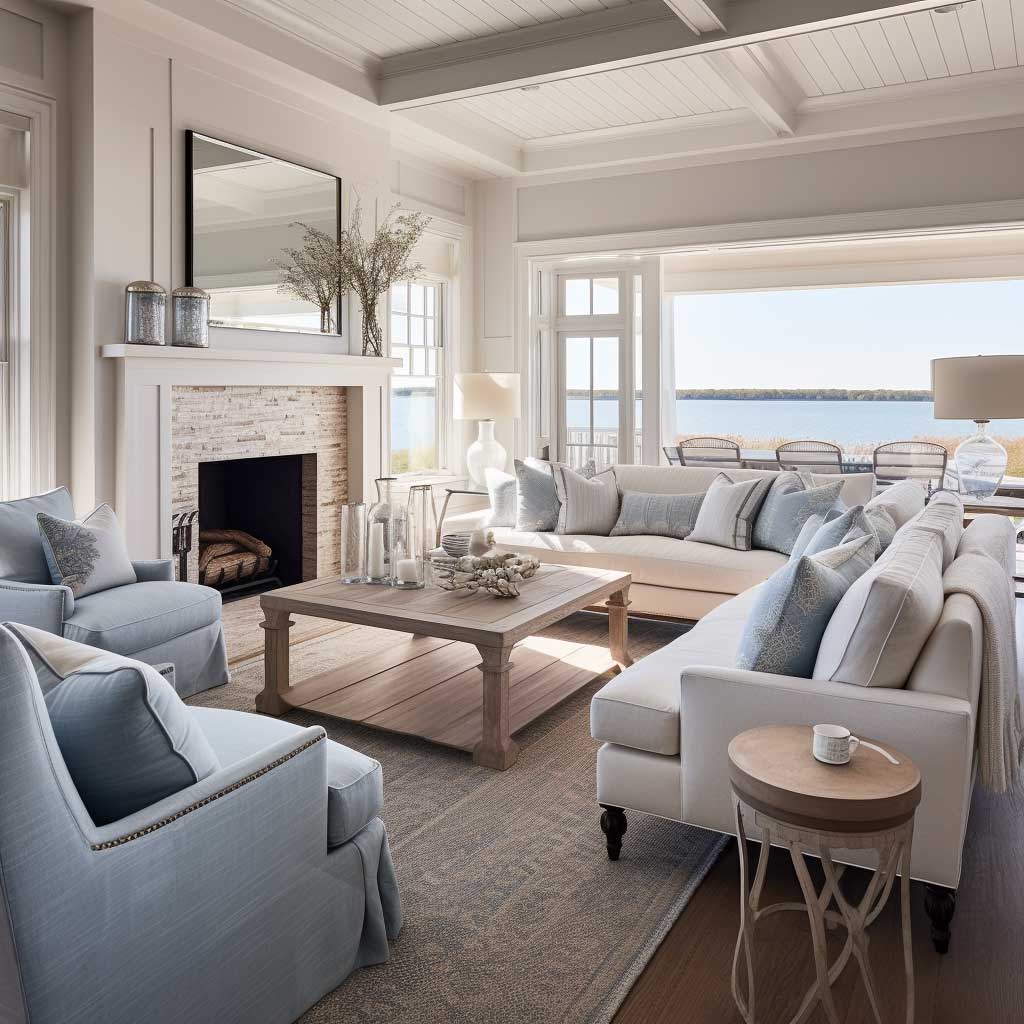 A sophisticated living room encapsulating the serene, beach-inspired aesthetics of the coastal Hamptons style.