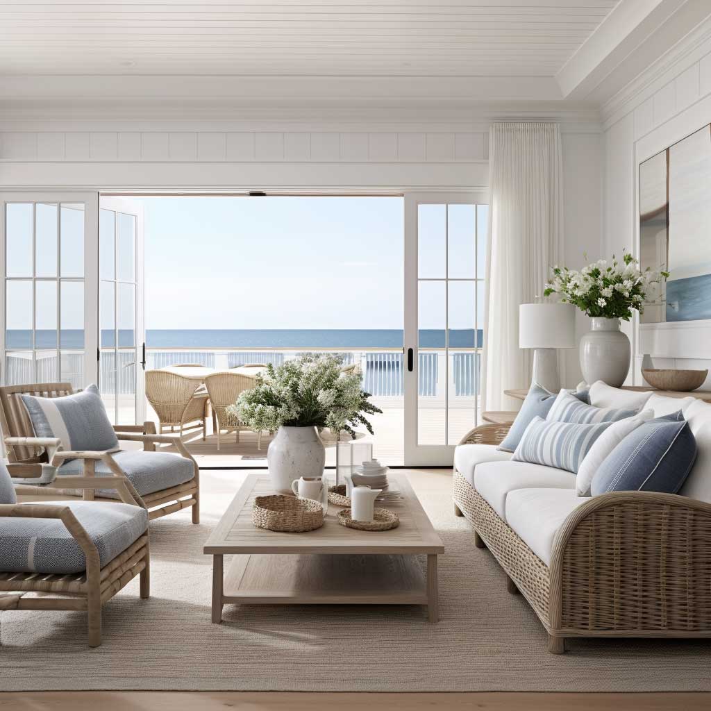 A sophisticated living room encapsulating the serene, beach-inspired aesthetics of the coastal Hamptons style.