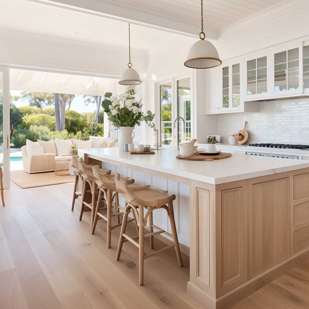 A bright, open-plan kitchen demonstrating the timeless appeal of coastal Hamptons style.