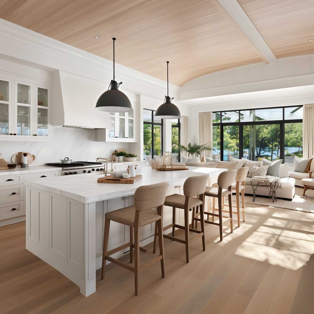 A bright, open-plan kitchen demonstrating the timeless appeal of coastal Hamptons style.