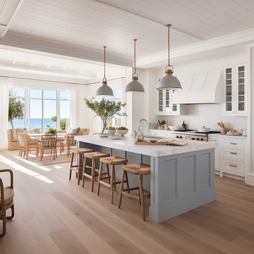 A bright, open-plan kitchen demonstrating the timeless appeal of coastal Hamptons style.