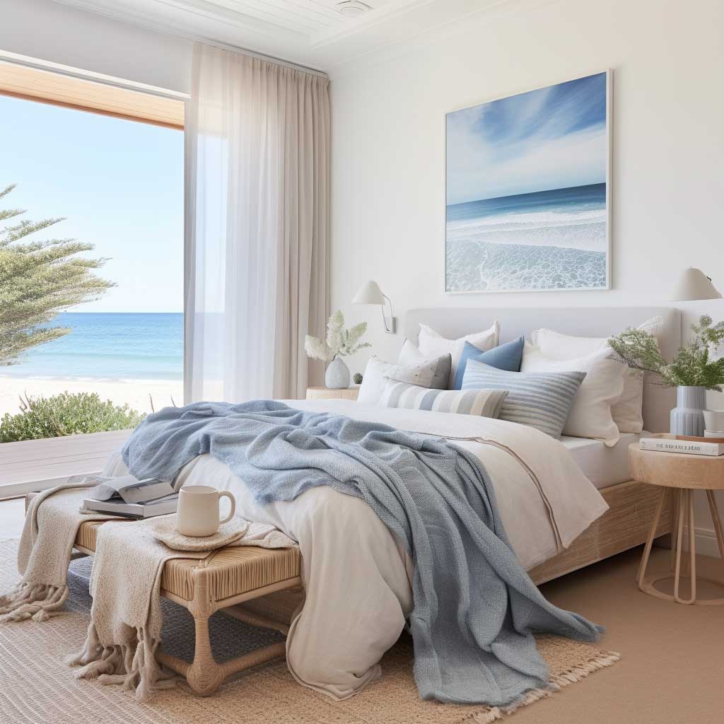 A calming, beach-themed bedroom showcasing the elegance and tranquility of coastal Hamptons style.