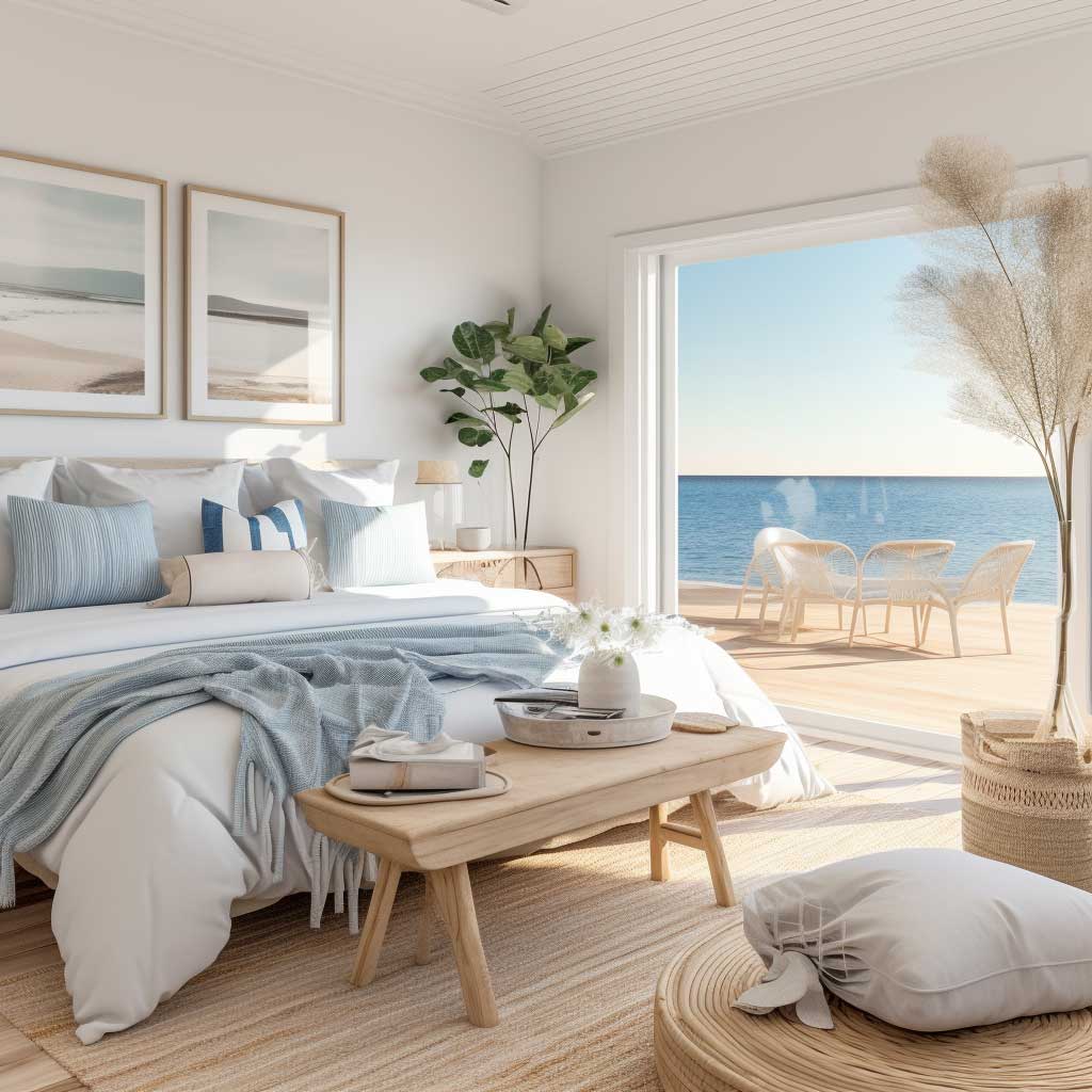 A calming, beach-themed bedroom showcasing the elegance and tranquility of coastal Hamptons style.