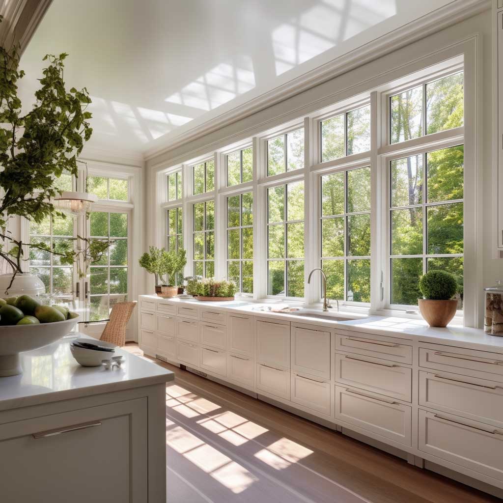 A bright, modern kitchen with crown molding around large windows, overlooking a garden.