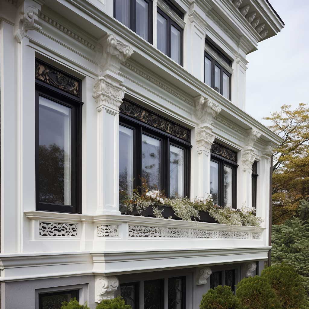 An elegant home displaying a harmony of decorative trim elements, including detailed cornices, dentils, and window casings that enhance its classic aesthetic.