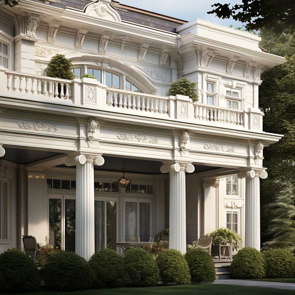 An elegant home displaying a harmony of decorative trim elements, including detailed cornices, dentils, and window casings that enhance its classic aesthetic.