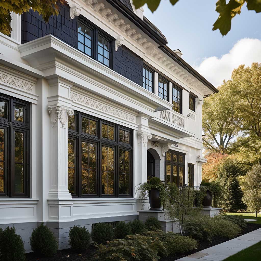 An elegant home displaying a harmony of decorative trim elements, including detailed cornices, dentils, and window casings that enhance its classic aesthetic.