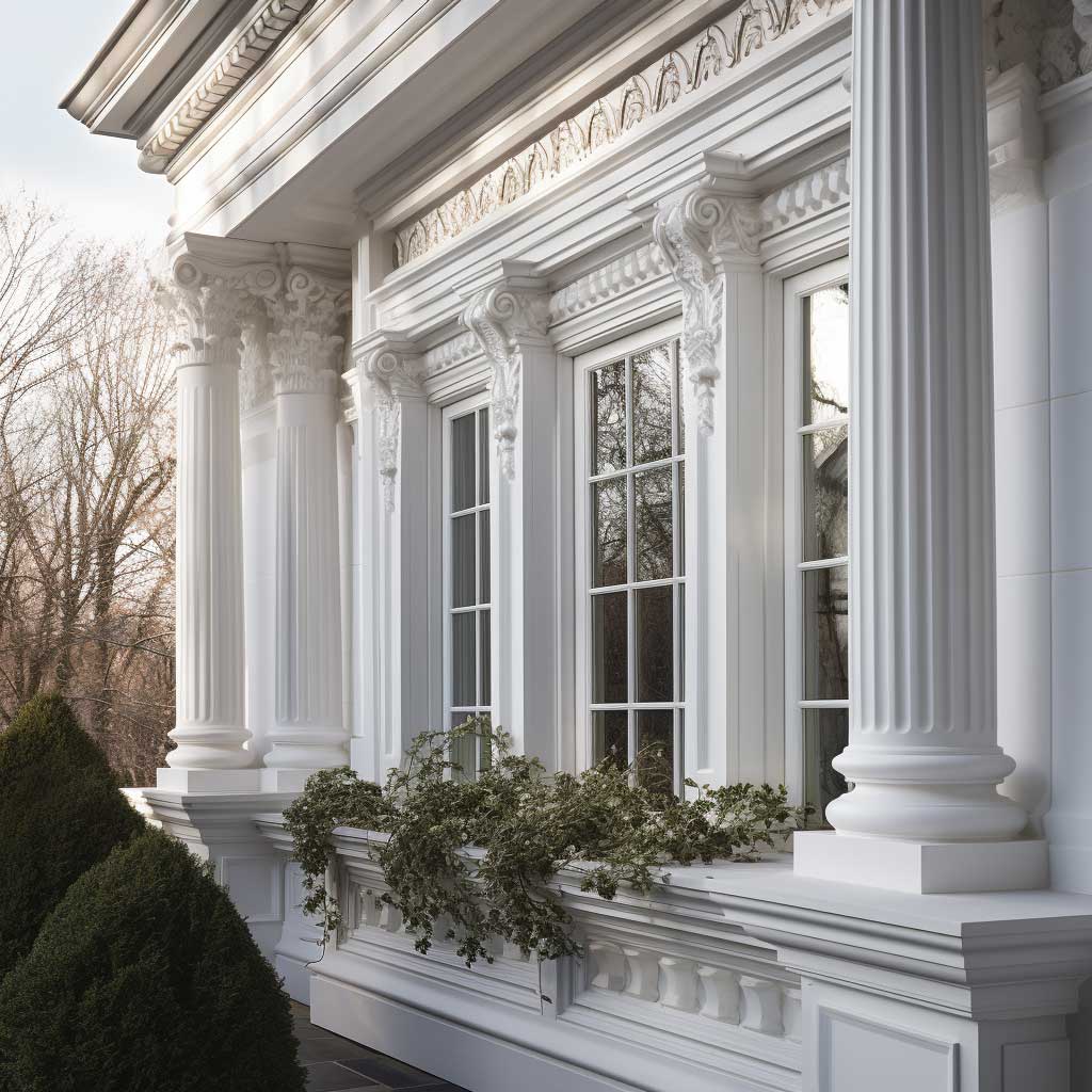 An elegant home displaying a harmony of decorative trim elements, including detailed cornices, dentils, and window casings that enhance its classic aesthetic.