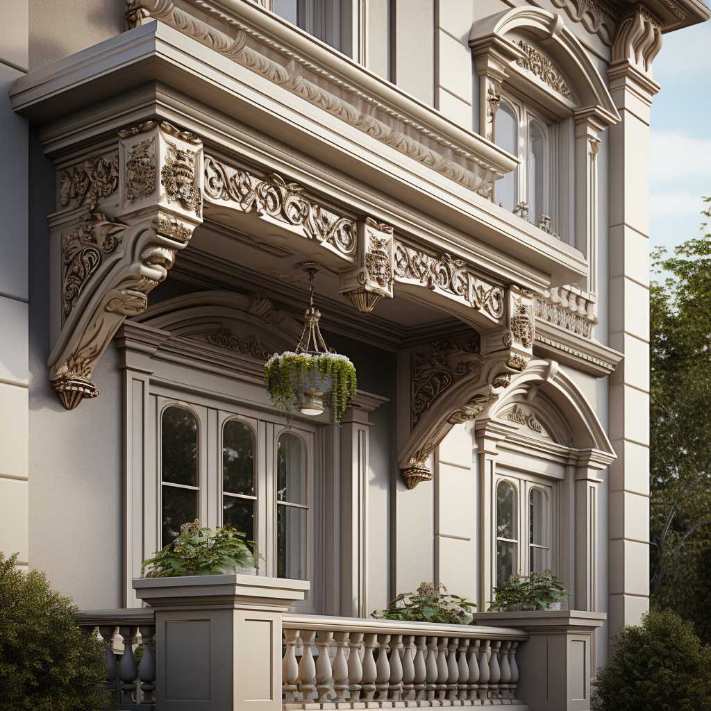 An elegant home displaying a harmony of decorative trim elements, including detailed cornices, dentils, and window casings that enhance its classic aesthetic.