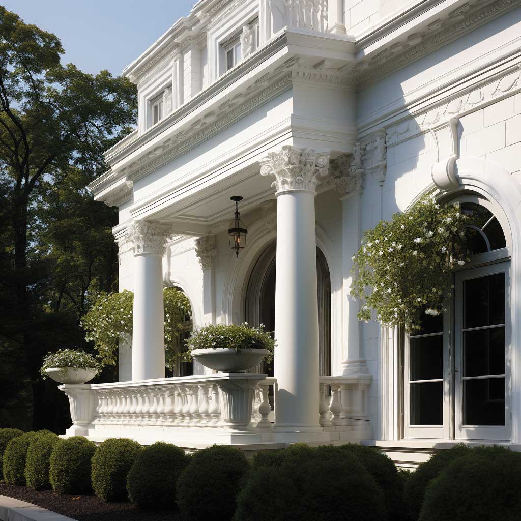 An elegant home displaying a harmony of decorative trim elements, including detailed cornices, dentils, and window casings that enhance its classic aesthetic.