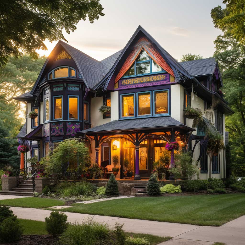 A vibrant house showcasing an eclectic mix of decorative trim elements, from colorful window sashes to intricate bargeboards, creating a captivating exterior.