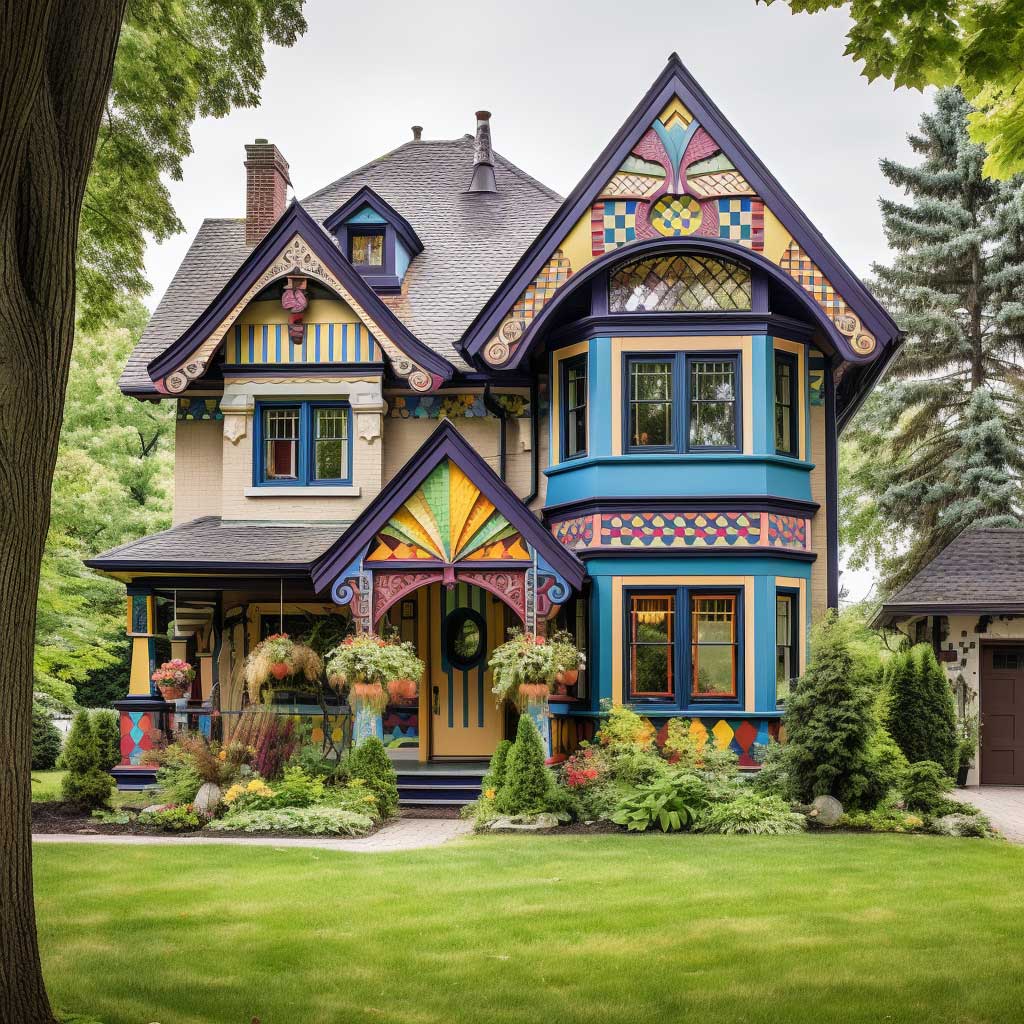 A vibrant house showcasing an eclectic mix of decorative trim elements, from colorful window sashes to intricate bargeboards, creating a captivating exterior.
