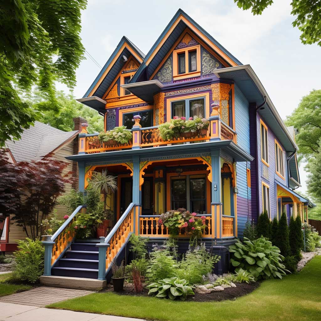 A vibrant house showcasing an eclectic mix of decorative trim elements, from colorful window sashes to intricate bargeboards, creating a captivating exterior.