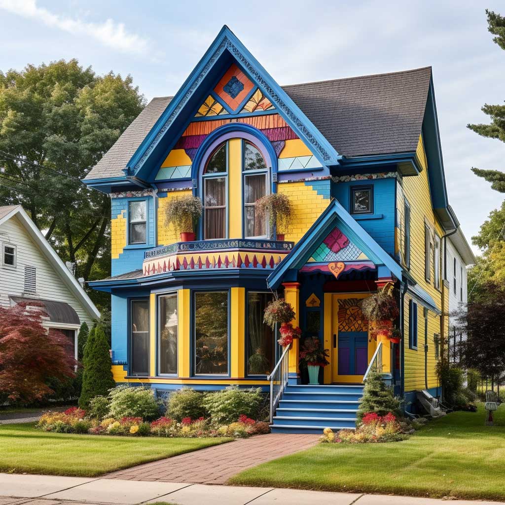 A vibrant house showcasing an eclectic mix of decorative trim elements, from colorful window sashes to intricate bargeboards, creating a captivating exterior.