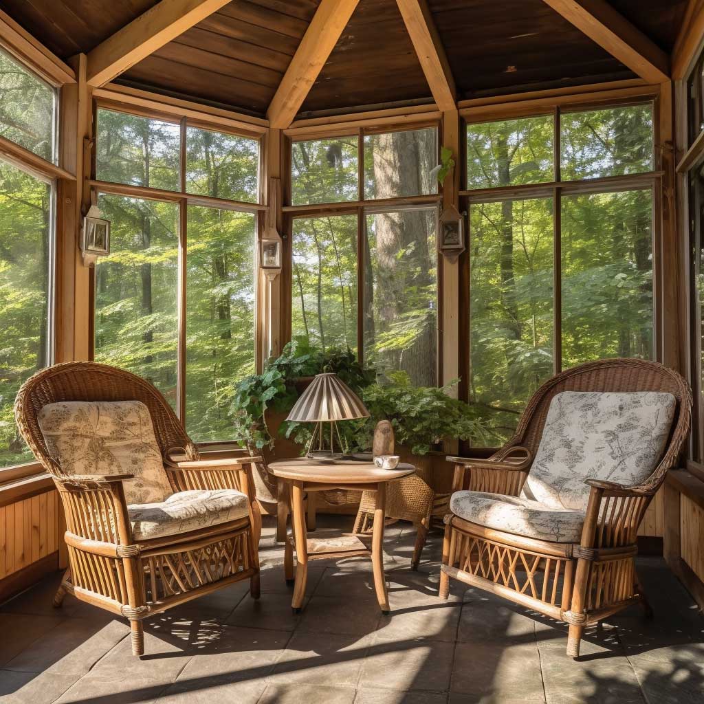 A beautiful enclosed porch with rustic, wooden furniture set against a backdrop of a peaceful forest view.