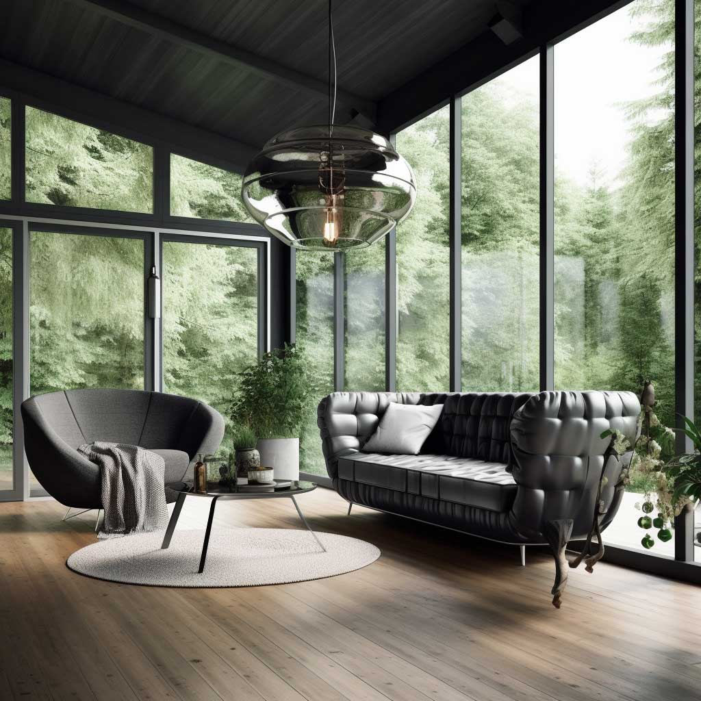 A modern enclosed porch idea showcasing sleek furniture, glass walls, and elegant monochromatic decor.