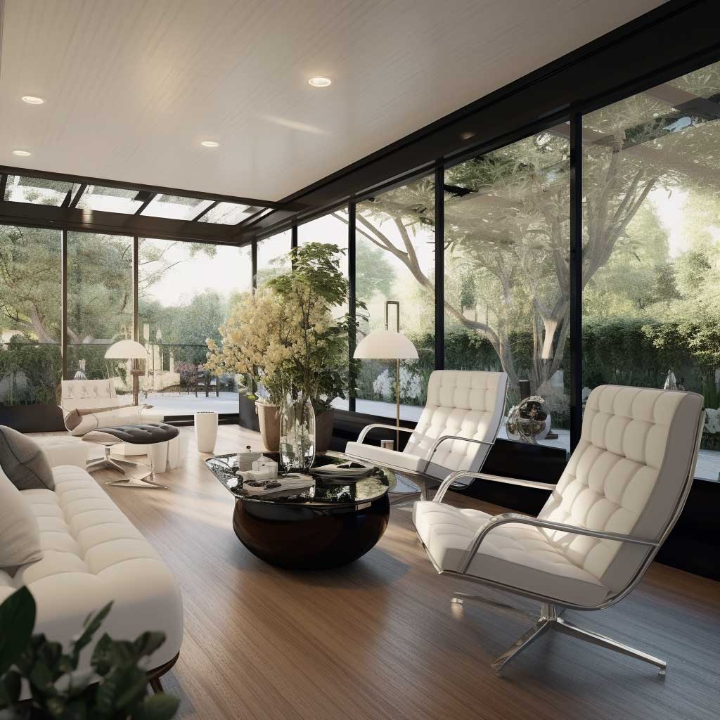 A modern enclosed porch idea showcasing sleek furniture, glass walls, and elegant monochromatic decor.