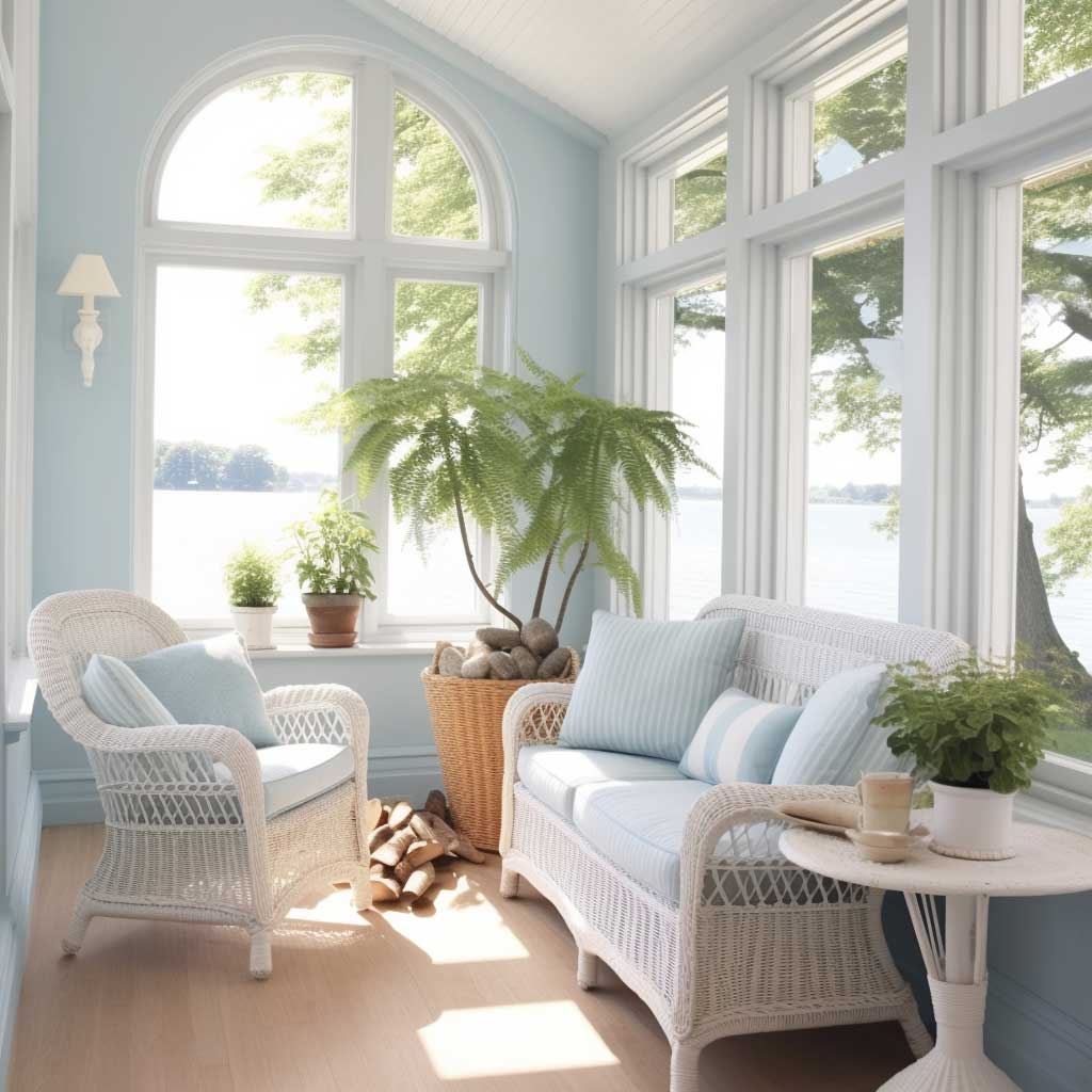 A serene enclosed porch with light blue hues, wicker furniture, and nautical-themed accessories, reminiscent of a beachfront view.