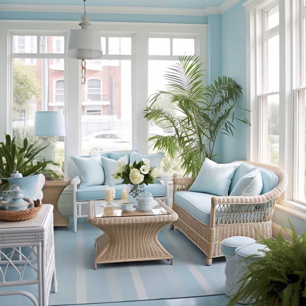 A serene enclosed porch with light blue hues, wicker furniture, and nautical-themed accessories, reminiscent of a beachfront view.