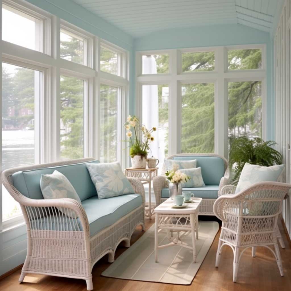 A serene enclosed porch with light blue hues, wicker furniture, and nautical-themed accessories, reminiscent of a beachfront view.