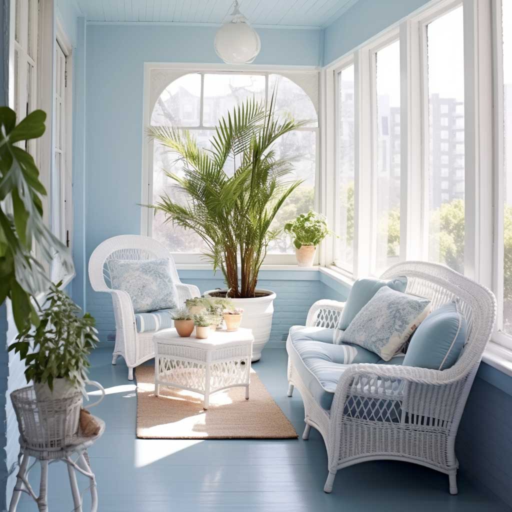 A serene enclosed porch with light blue hues, wicker furniture, and nautical-themed accessories, reminiscent of a beachfront view.