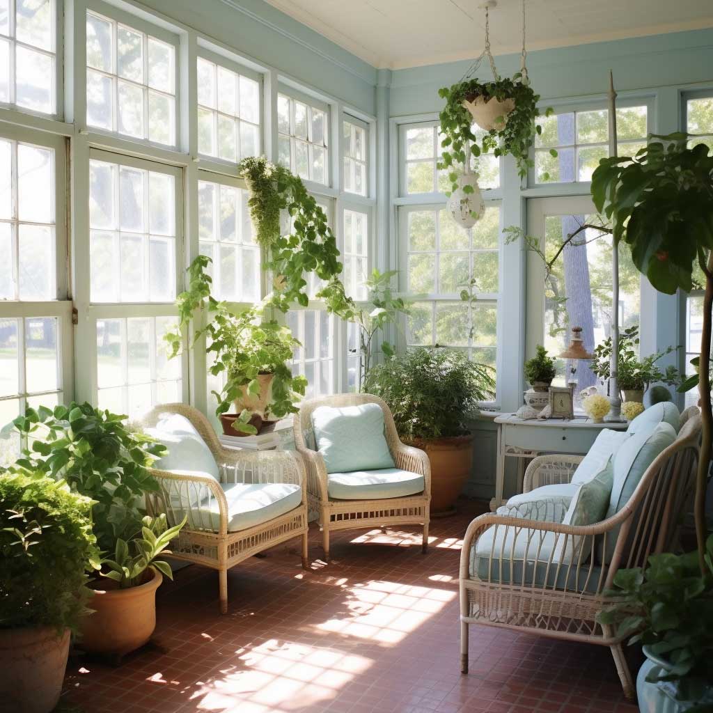 A traditional enclosed porch with classical furniture, lush plants, and a serene color palette.