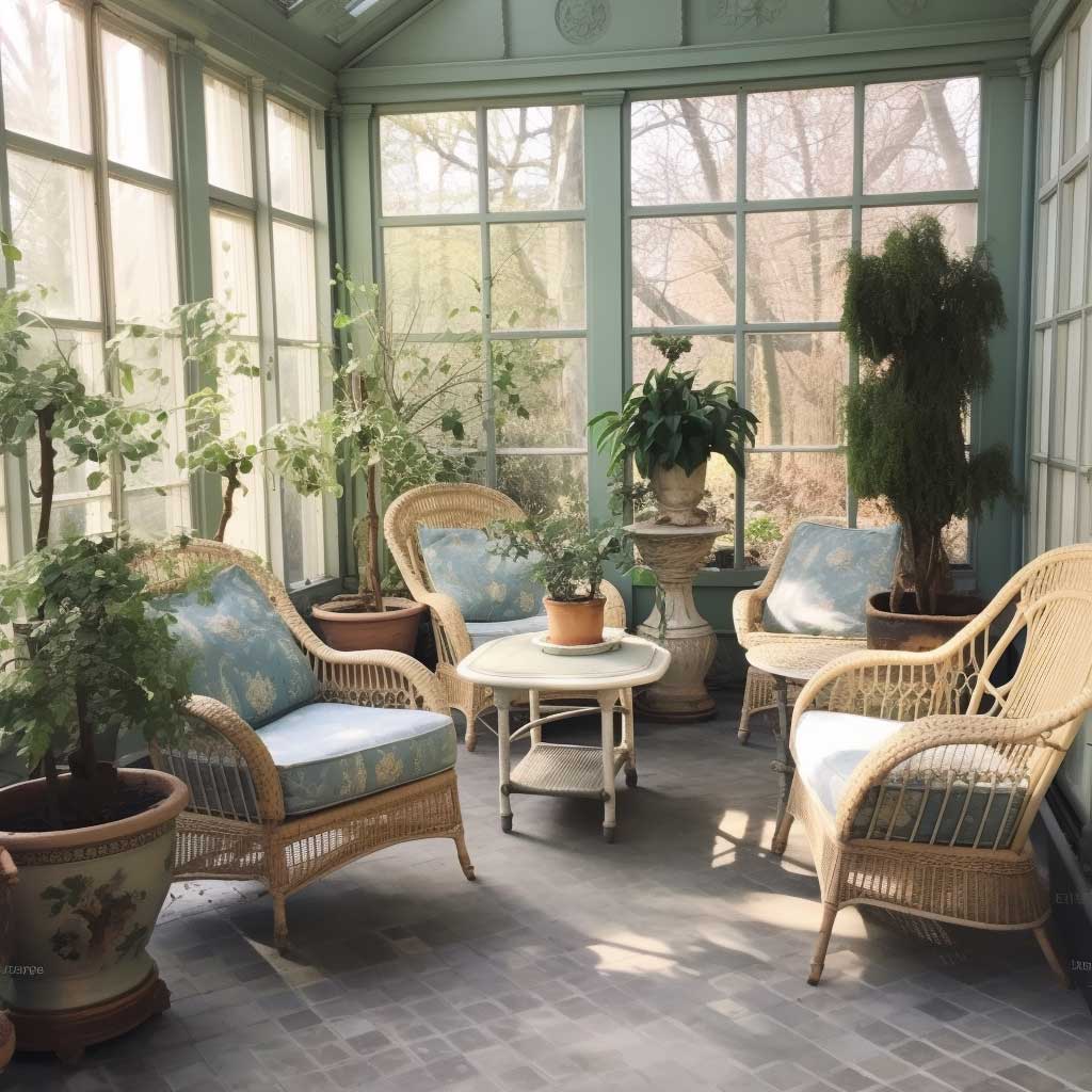 A traditional enclosed porch with classical furniture, lush plants, and a serene color palette.