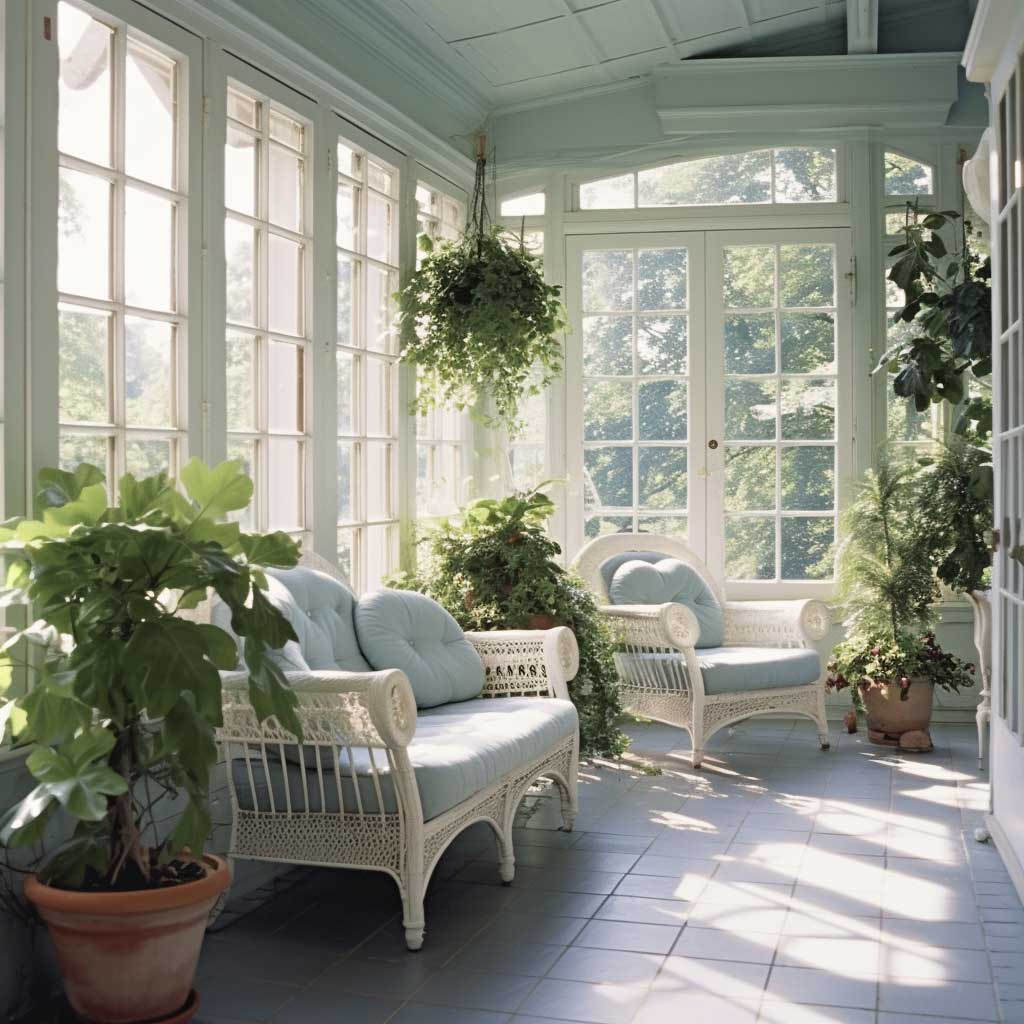 A traditional enclosed porch with classical furniture, lush plants, and a serene color palette.