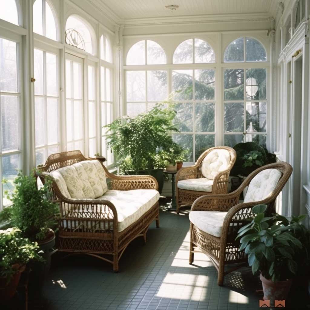 A traditional enclosed porch with classical furniture, lush plants, and a serene color palette.