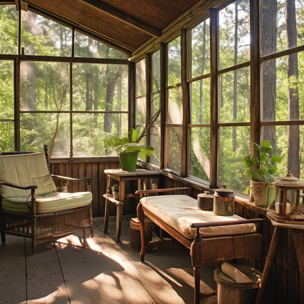 A beautiful enclosed porch with rustic, wooden furniture set against a backdrop of a peaceful forest view.