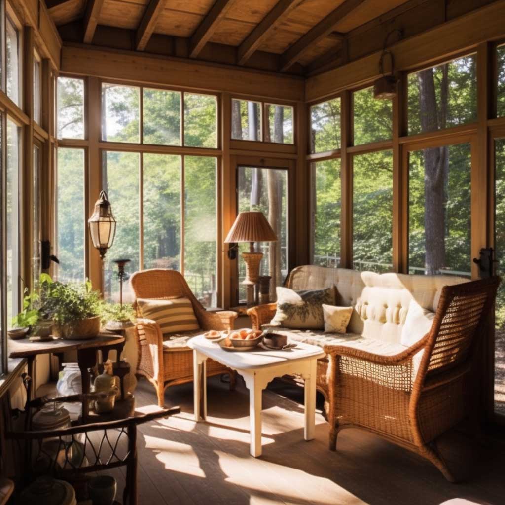A beautiful enclosed porch with rustic, wooden furniture set against a backdrop of a peaceful forest view.
