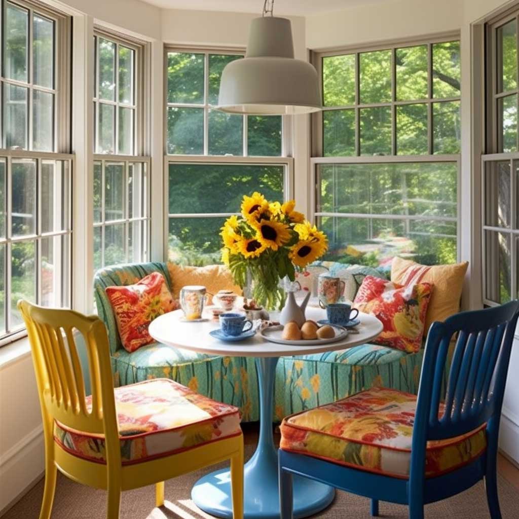A cozy enclosed porch styled as a sun-drenched breakfast nook with a round table, colorful chairs, and vibrant decor.