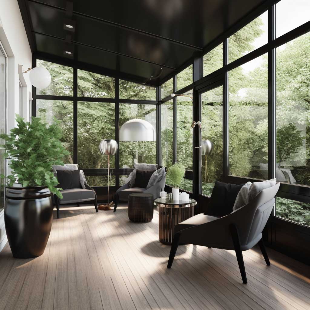 A modern enclosed porch idea showcasing sleek furniture, glass walls, and elegant monochromatic decor.