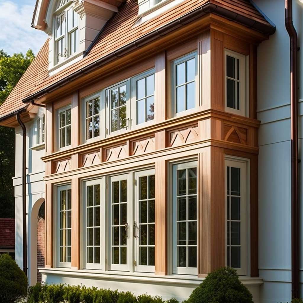 A traditional home showcasing beautifully crafted wooden window trims, adding to its timeless appeal.