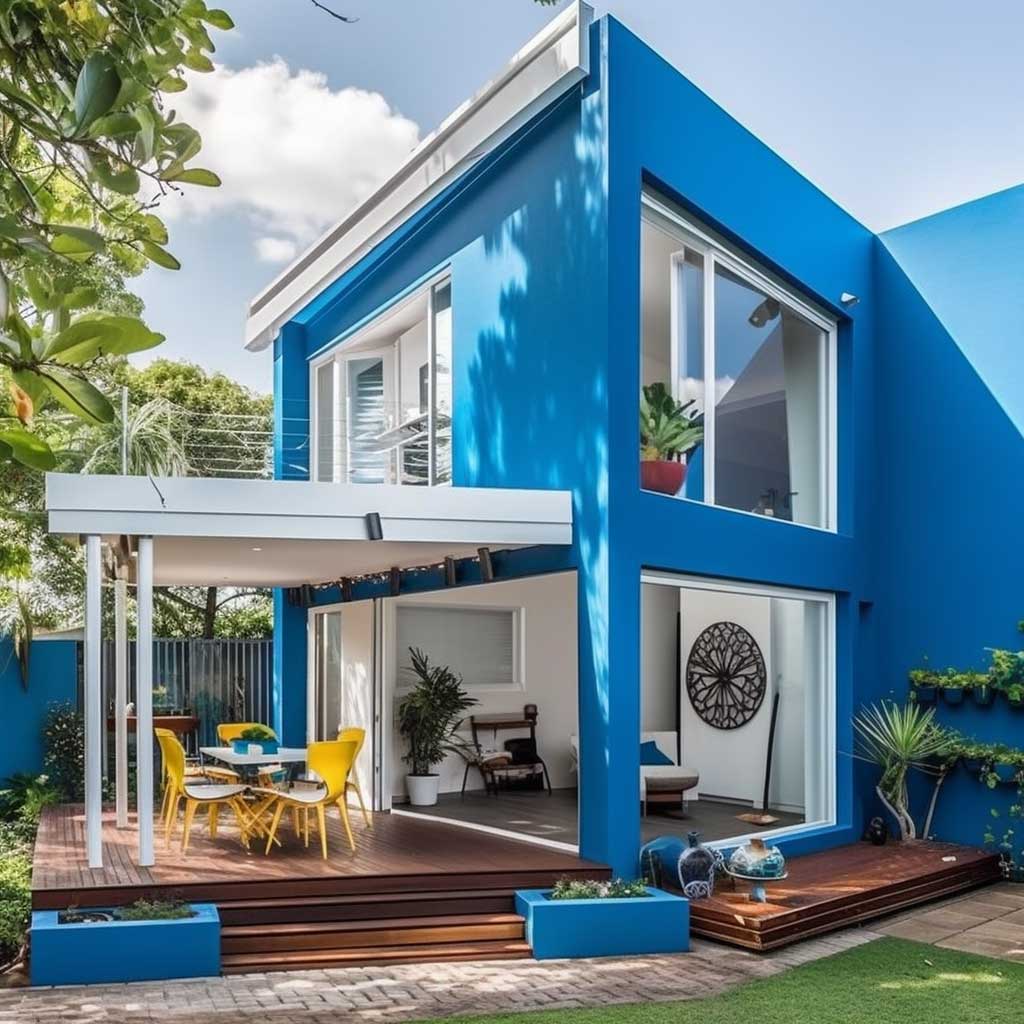 A contemporary home featuring bright blue window trims, injecting a dose of vibrancy and personality into its design.