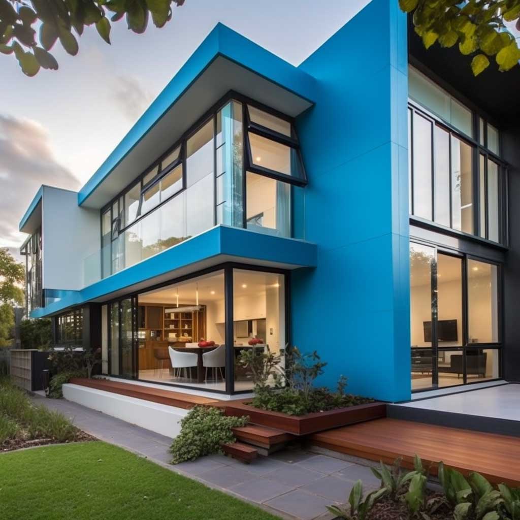 A contemporary home featuring bright blue window trims, injecting a dose of vibrancy and personality into its design.