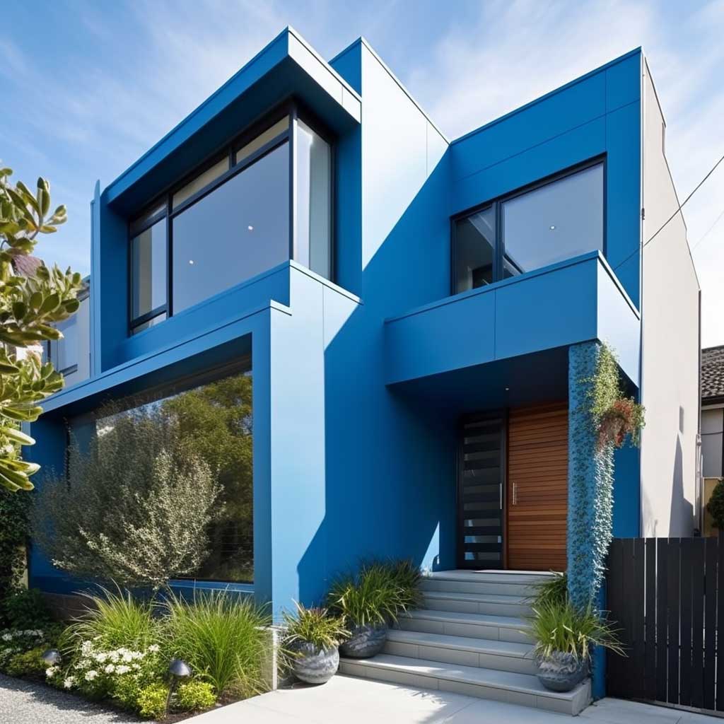 A contemporary home featuring bright blue window trims, injecting a dose of vibrancy and personality into its design.