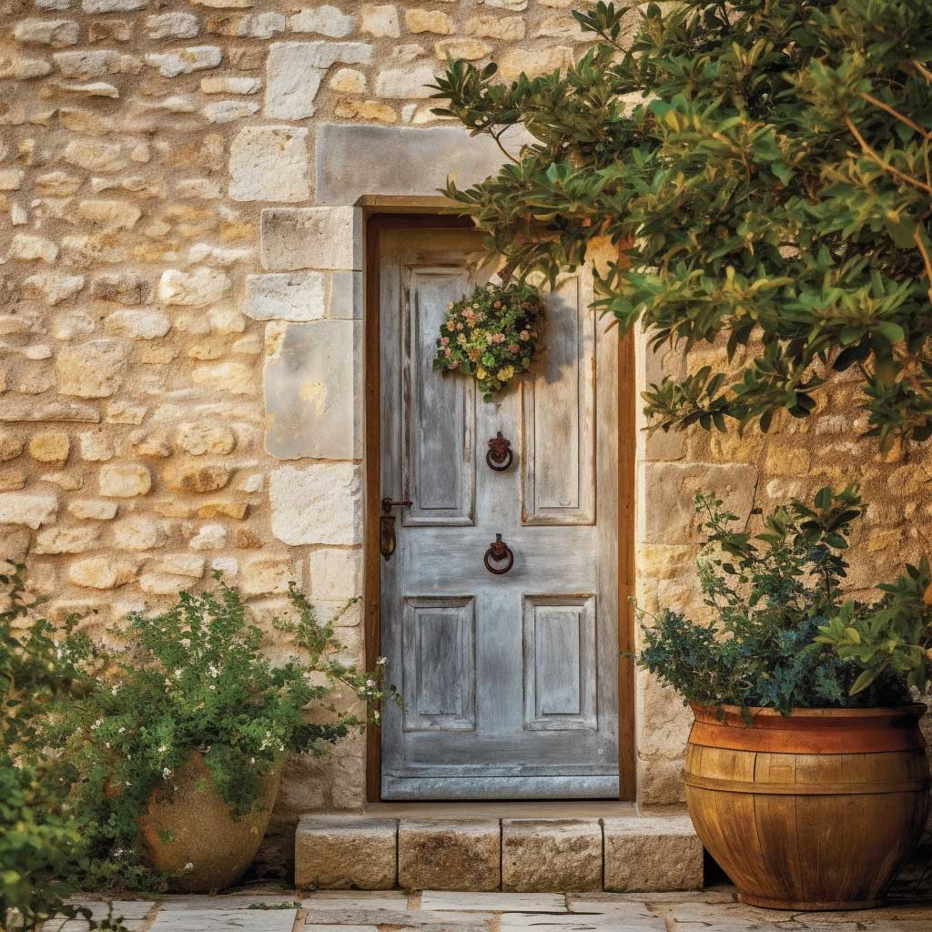 An antique classical front door with weathered decorative trim, set against a stone wall, embodying a sense of rustic charm.