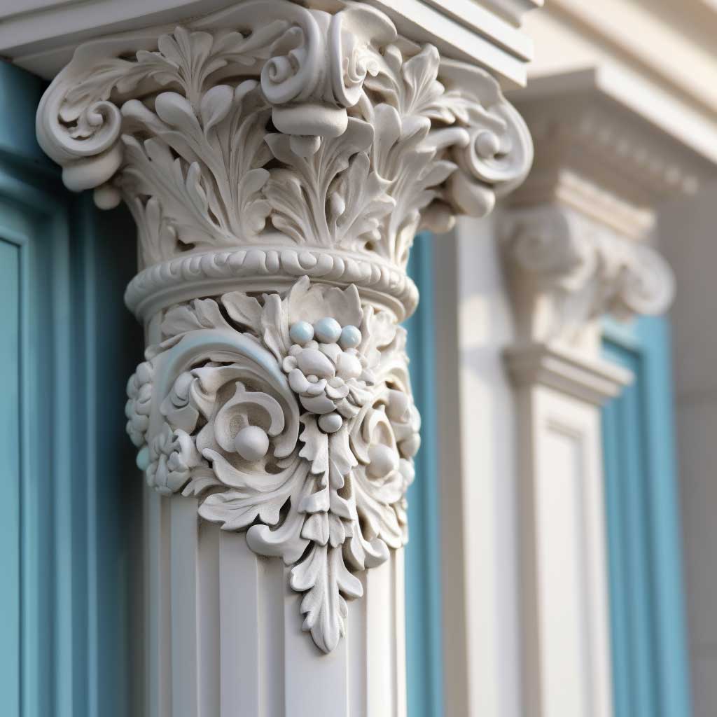 A close-up shot of an ornate decorative trim surrounding a classical front door, showcasing its detailed craftsmanship.