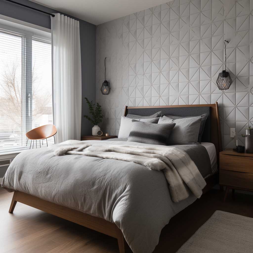 Gray Geometric Wallpaper Transforming a Cozy Bedroom