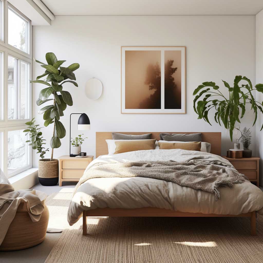 A calming small bedroom featuring Japandi design, with neutral tones, minimalist furniture, and subtle touches of greenery.