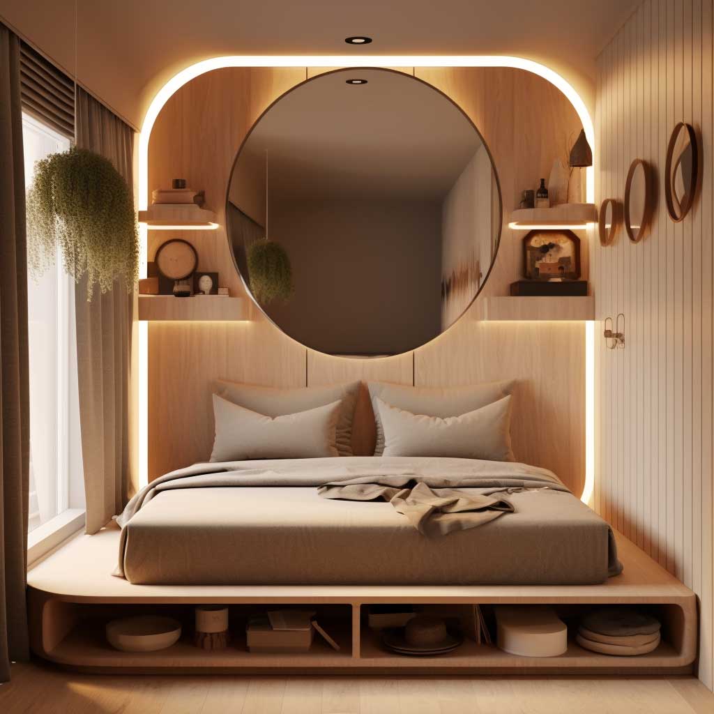 A compact Japandi small bedroom showcasing elegant design, space-saving furniture, and clever lighting.
