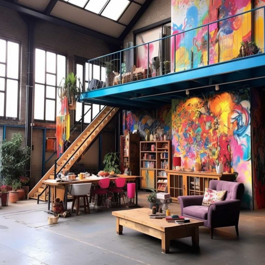 A vibrant loft showcasing a mix of colourful paintwork, stimulating creativity and energy.
