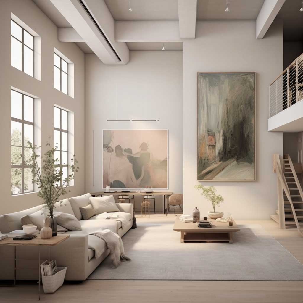 A minimalist loft painted in soothing neutral tones, creating a calm and peaceful atmosphere.