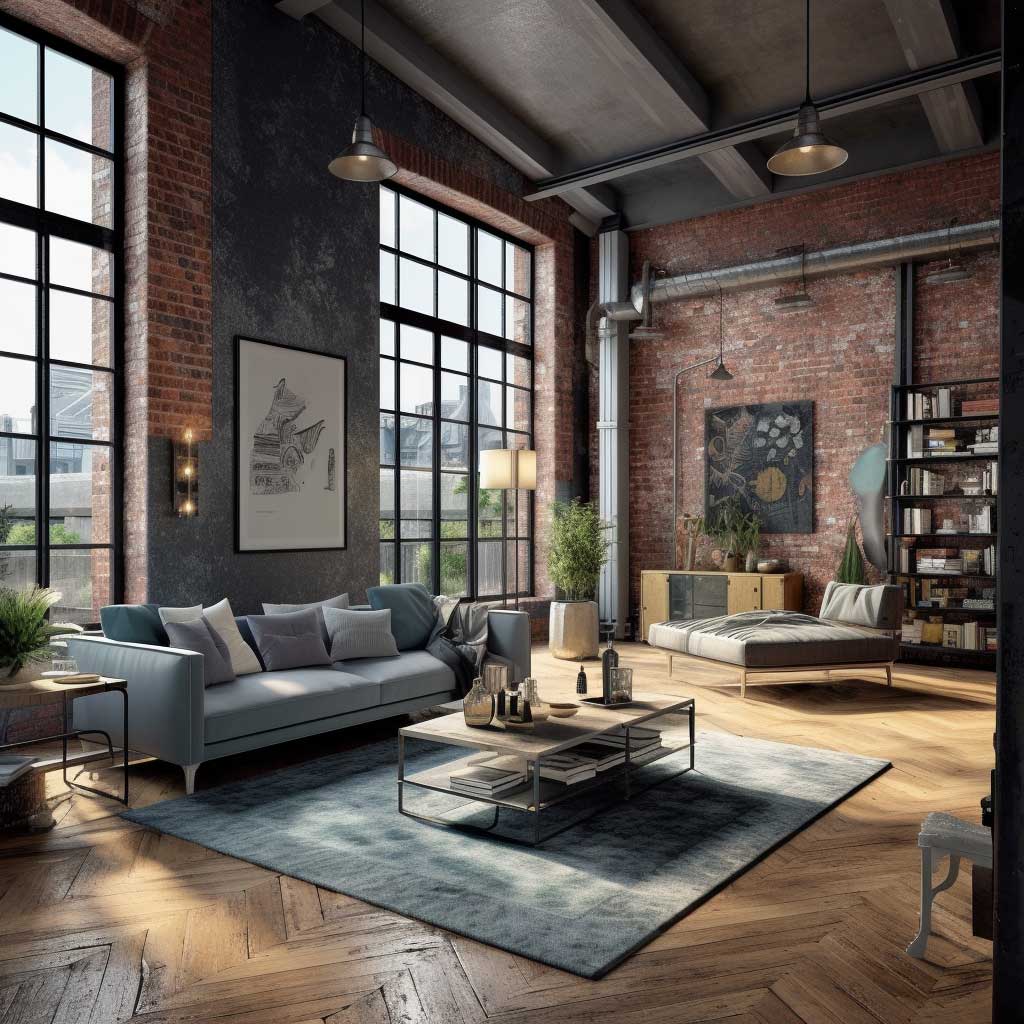 A spacious loft with industrial-style paintwork, featuring exposed brick walls and a bold, metallic accent wall.